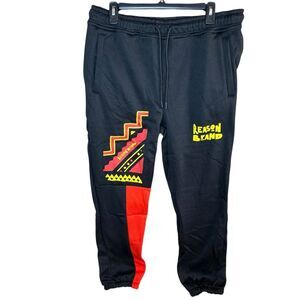 Reason Brand Men's Black Fleece Joggers Geometric Red & Yellow Graphics- Large